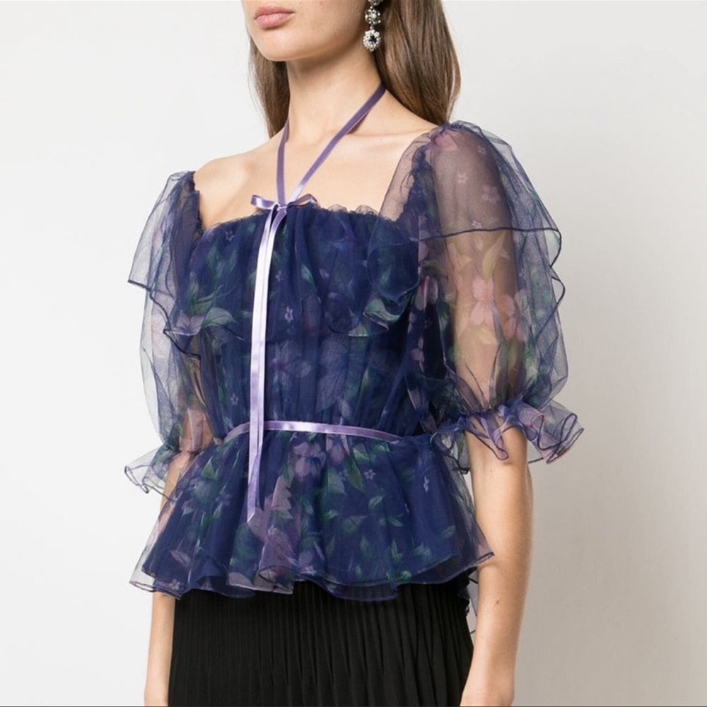 Marchesa Notte Floral Mesh Puff Sleeve Ruffle Top 2 Sheer Ribbon Bow Tie